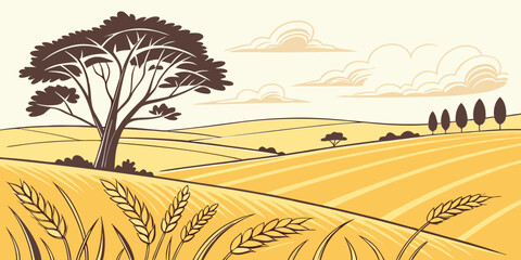 A solitary tree stands tall in a vast golden field under a clear blue sky. Vector © BOY