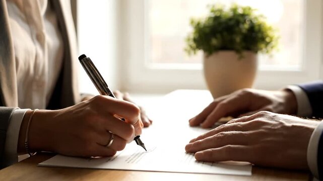 Signing document with office, and desk.