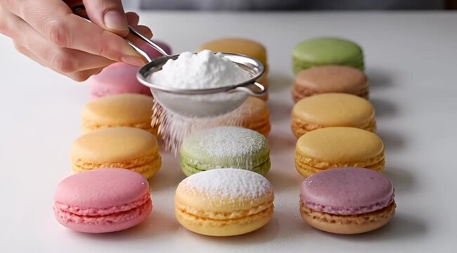 Powdered sugar being sprinkled onto vibrant, colorful macaron cookies, baking process