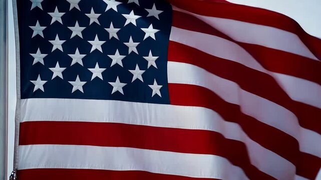 Majestic display of a flag waving, symbolizing national pride, freedom, and unity, showcasing its vibrant colors and intricate star patterns in full fluttering motion.