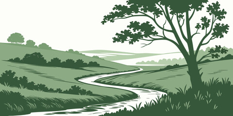 A serene landscape featuring a winding river and lush greenery with trees and grass Vector © BOY