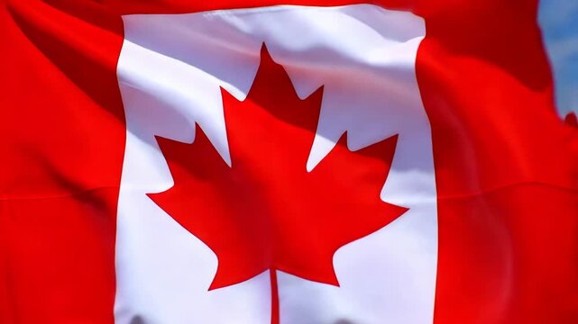 Vibrant Display of National Identity: A Close-Up View of the Iconic Canadian Flag with a Prominent Maple Leaf Symbolizing Freedom and Heritage