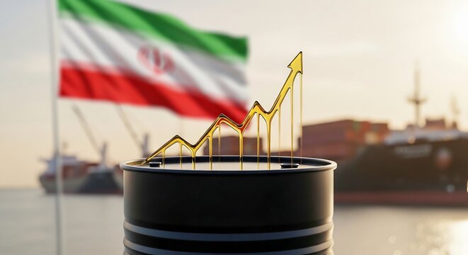 Iran Oil Barrel with Golden Rising Price Graph and Flag, Crude Petroleum Growth, Energy Economy Surge