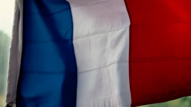 Captivating Imagery of a French Flag Unfurled, Vibrantly Displaying its Blue, White, and Red Stripes in a Soft Breeze Against a Natural Background