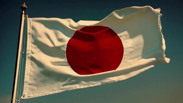 A Captivating Look at the Japanese Flag Billowing in the Wind, Showcasing Its Distinctive Red Circle Against a Clear Blue Sky, Symbolizing Japan's National Identity.