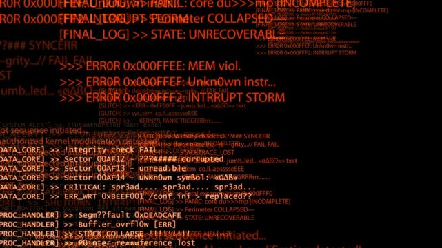 Chaotic red code, system logs, and error messages fill the screen, creating a visual of data breaches, system failures, glitches, and cyber intrusion in a high-pressure digital environment.