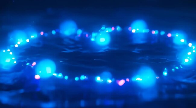 Circular string of blue and red lights with water surface bokeh
