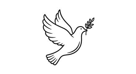 Obraz premium Black outline image of a dove in flight, carrying an olive branch in its beak, on a white background