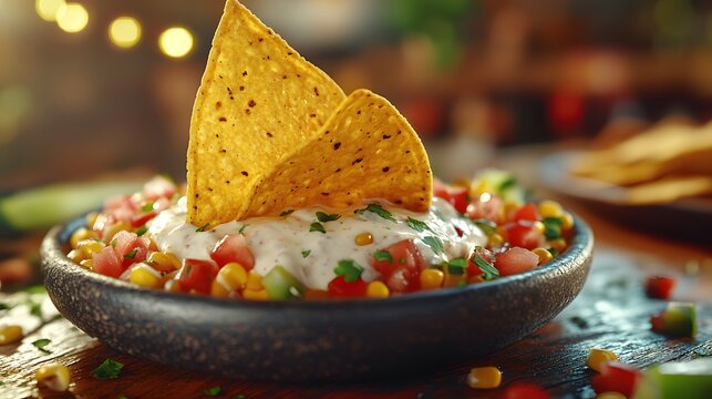 A close up of a corn chip being dipped into creamy ranch dressing served in a bowl with fresh diced vegetables and herbs for a vibrant appetizer presentation.