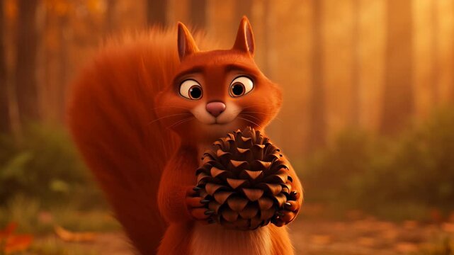 Animated squirrel holding pinecone in autumn forest environment digital rendering of a cute animal gathering food and preparing for winter