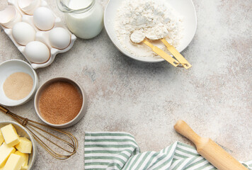 Baking ingredients flat lay preparing kitchen pastry dessert
