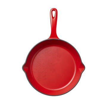 Red cast iron frying pan with handle top view cooking utensil isolated on transparent background