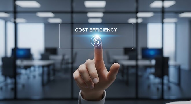 Hand interacting with virtual cost efficiency interface in modern office.