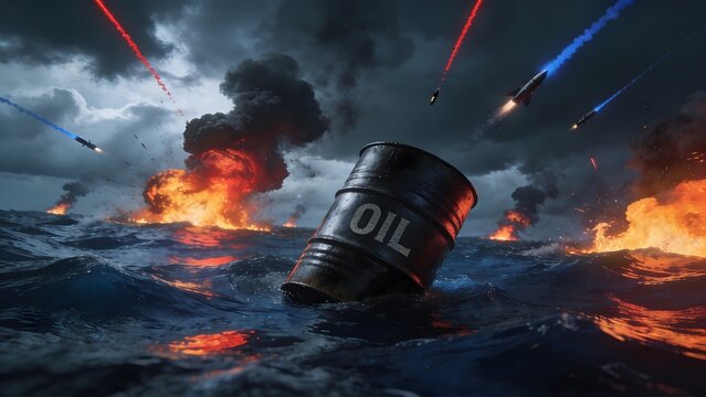 Oil barrel floats precariously in stormy ocean waters amidst missile strikes and raging sea fires