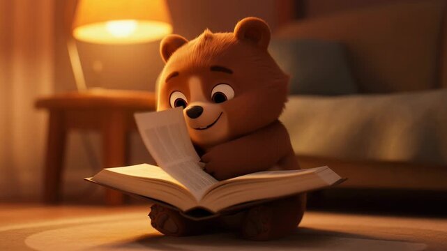 Animated teddy bear reads a book in a cozy bedroom setting under soft lighting,ideal for childrens content