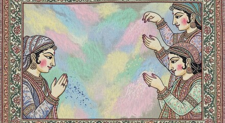 Naklejka premium Soft pastel Holi powder arranged in artistic Pichwai composition from Rajasthan. Concept of Indian culture and traditional festive background.