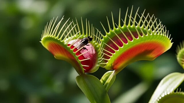 Close-up of a Venus flytrap with a trapped insect against a blurred green background