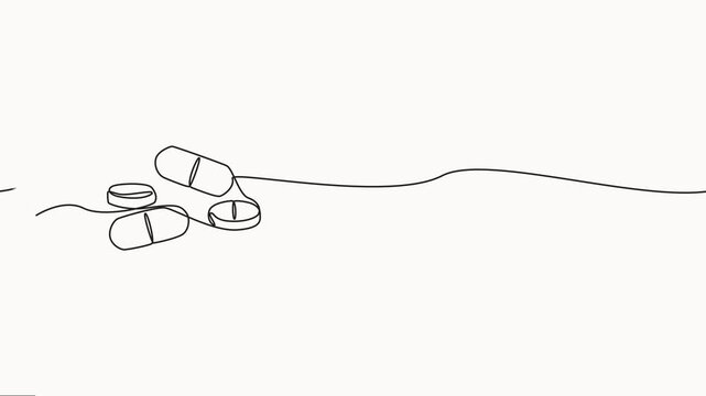 Continuous one line capsule tablets line art animation, self drawing One continuous line drawing of pills medicine . Single line of pills medicine full-length animation.