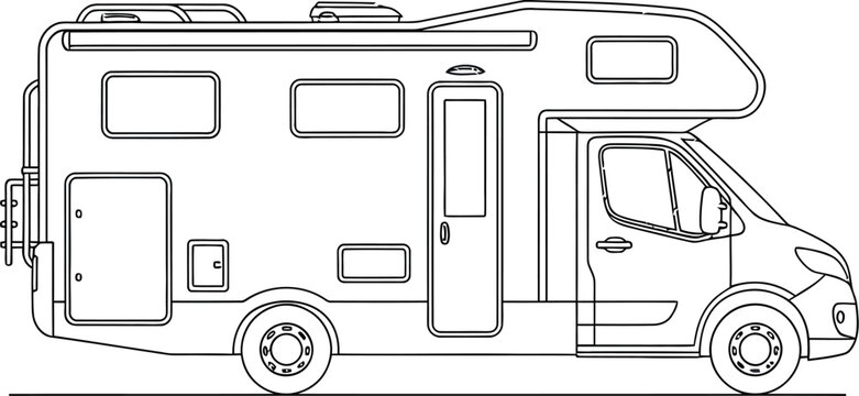 Outline drawing of a recreational vehicle showing side view amenities for modern camping travel