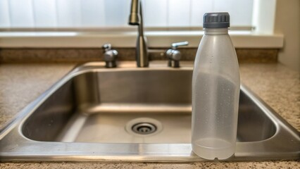 Clear plastic water bottle with condensation on a kitchen countertop next to a stainless steel sink.