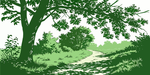 A serene landscape with a winding path leading to a tranquil pond surrounded by lush greenery. Vector © Ghgs