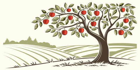 A vibrant tree with red leaves stands tall in a field with mountains in the background Vector © Ghgs