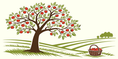 A vibrant tree with colorful leaves standing in a lush green field Vector © Ghgs