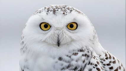 Obraz premium Close up portrait of a majestic snowy owl with bright yellow eyes and white feathers