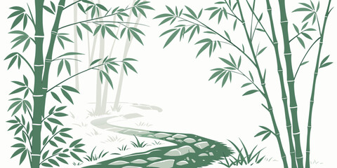 Obraz premium A serene landscape with tall bamboo trees and a tranquil pond in the background Vector