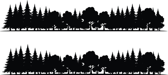 Black silhouette of a panoramic forest tree line with mixed coniferous and deciduous trees isolated on white background for website headers and nature borders. © Mahsina