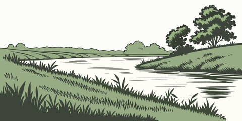 A serene landscape of a calm river flowing through a lush green valley with trees. Vector © Ghgs