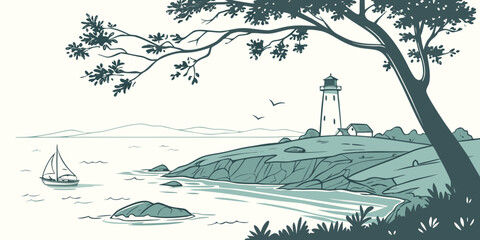 A solitary figure stands on a rocky shore, gazing at a distant ship on the horizon. Vector © Ghgs