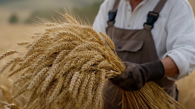 Experienced farmer's hands carefully embrace a rich, golden wheat bundle, representing a successful harvest, sustainable agriculture, natural organic food, and rural prosperity under sunlit skies