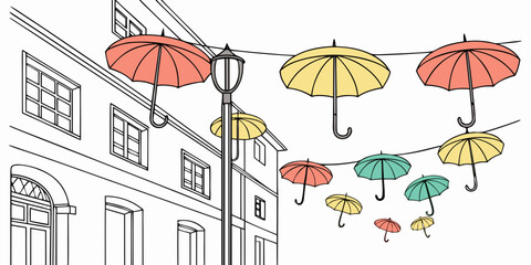 A whimsical illustration of a building with colorful kites flying in the sky Vector