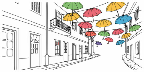 A bustling street scene with people enjoying colorful umbrellas and various activities Vector