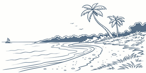 A serene beach scene with palm trees and a distant sailboat on the horizon Vector