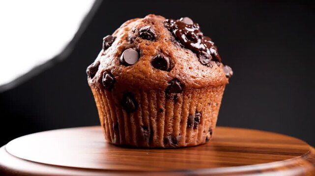 Close up artisan bakery chocolate chip muffin with rich texture gourmet dessert presentation Video 4K UHD 60fps