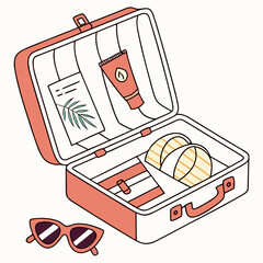 A vintage suitcase with a pair of sunglasses and a small bottle of perfume Vector