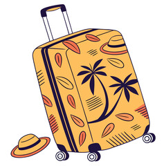 A vibrant yellow suitcase adorned with palm tree patterns and a matching hat Vector