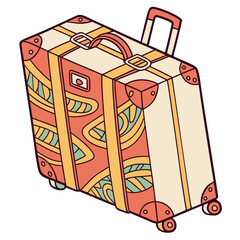Three colorful suitcases stacked together with a rolling handle on top Vector