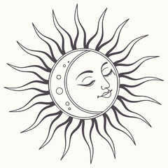 A whimsical illustration of a smiling sun with a sleepy expression Vector
