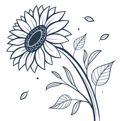 A detailed illustration of a single sunflower with leaves and petals in a minimalist style Vector