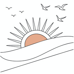 Birds flying over a sunrise above a snowy mountain landscape Vector