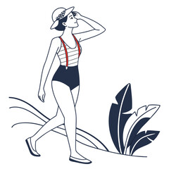 A woman in a red swimsuit walking on a beach with a plant nearby Vector
