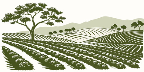 A serene landscape with a winding path through a lush green field and trees. Vector