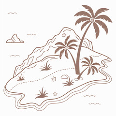 A detailed illustration of a tropical island with palm trees and a treasure map. Vector