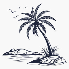 A lone palm tree standing on a small island surrounded by water Vector