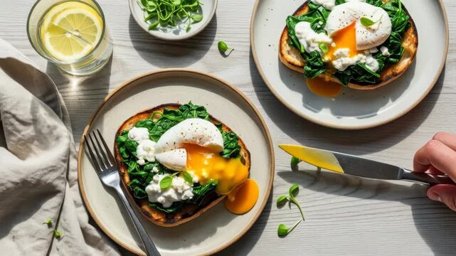Poached egg on spinach and cottage cheese toast being cut open with runny yolk spilling onto toasted sourdough, lemon water and microgreens for brunch
