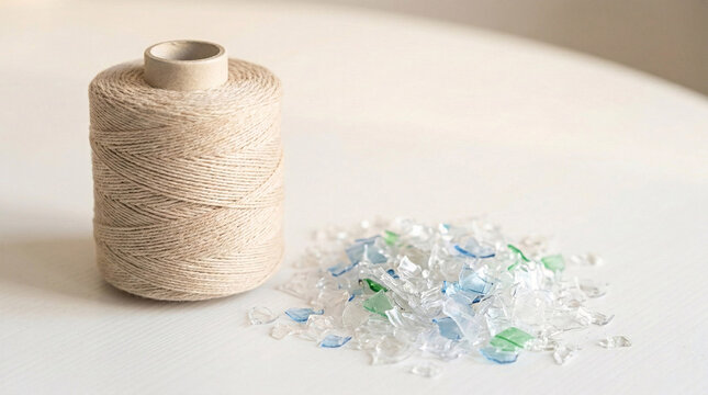 Neat spool of spun recycled polyester yarn resting next to raw shredded plastic bottle flakes