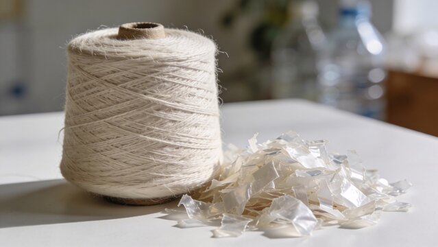 Neat spool of spun recycled polyester yarn resting next to raw shredded plastic bottle flakes